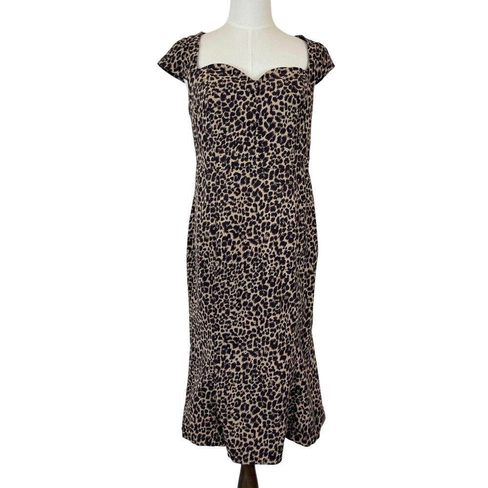 Anthropologie Leopard Print Sweetheart Neck Flared Midi Dress 1X Stretch Cotton